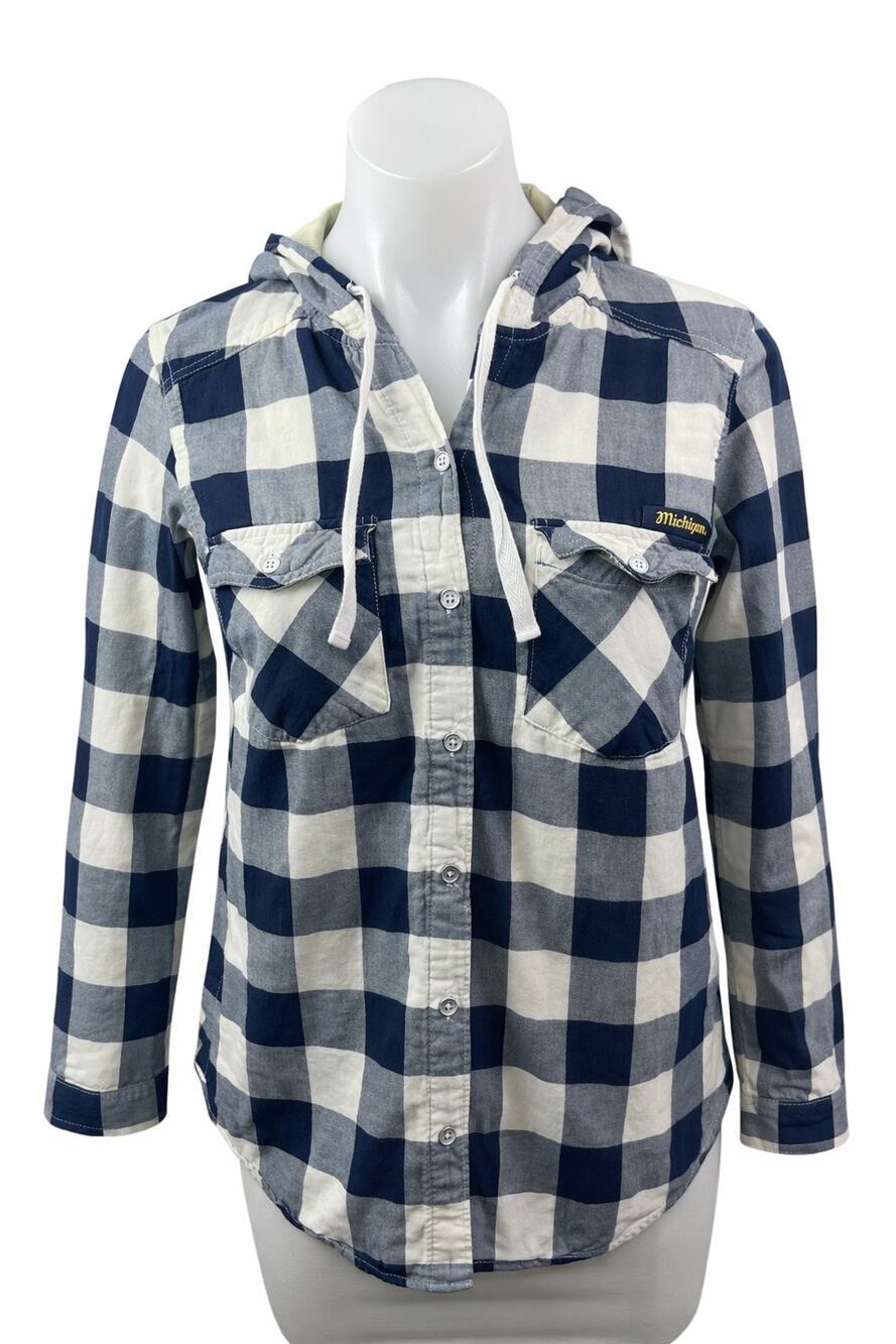 Columbia Womens Blue Plaid Flannel Long Sleeve Hoodie Button Up Shirt Top Size S